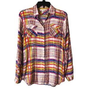 CAbi Rainbow Plaid Cirque 797 Tab Long Sleeve Light Hidden Button Down Shirt Top